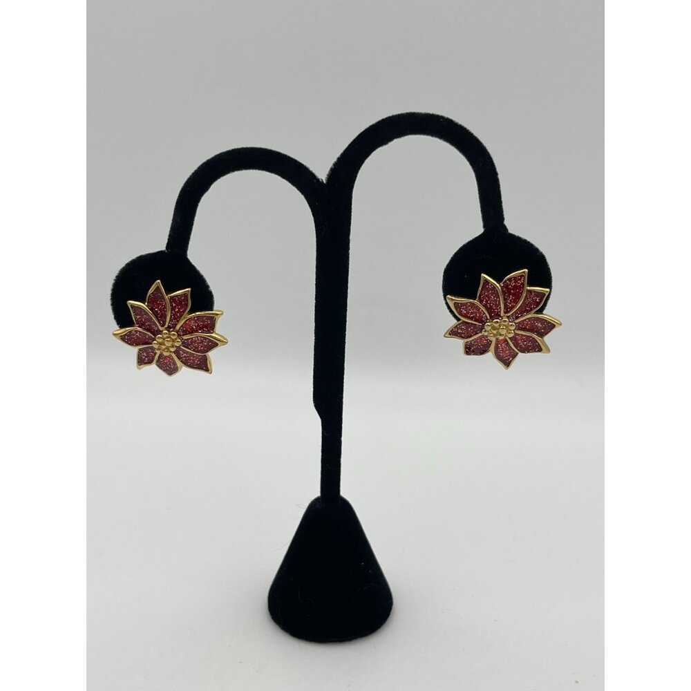 Pair 1" Pierced Earrings Red  Petals Gold Tone Accent